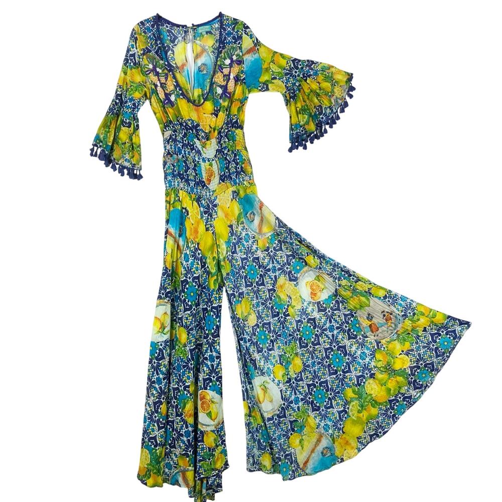 nwot ANTICA SARTORIA Jumpsuit O-S~M Lemon Floral Beaded Wide Flare Tassel Cotton